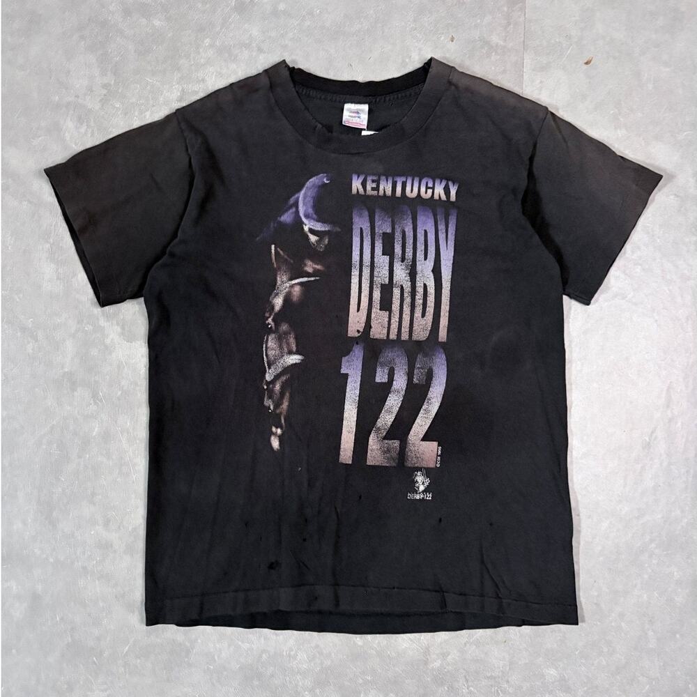 90's Vintage Kentucky Derby Distressed Faded Black T-Shirt -M